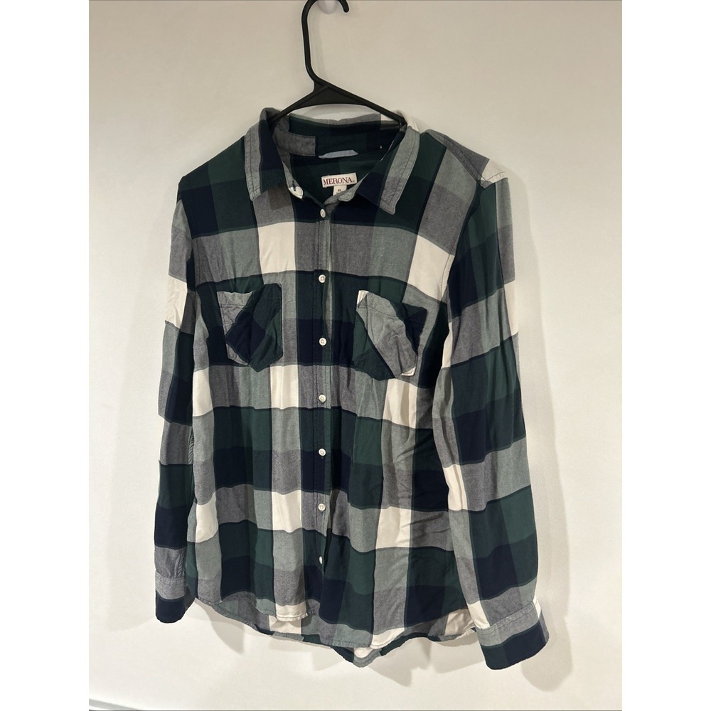 Merona Shirt Womens XL Green & Black Plaid Button Up Long Sleeve Ladies